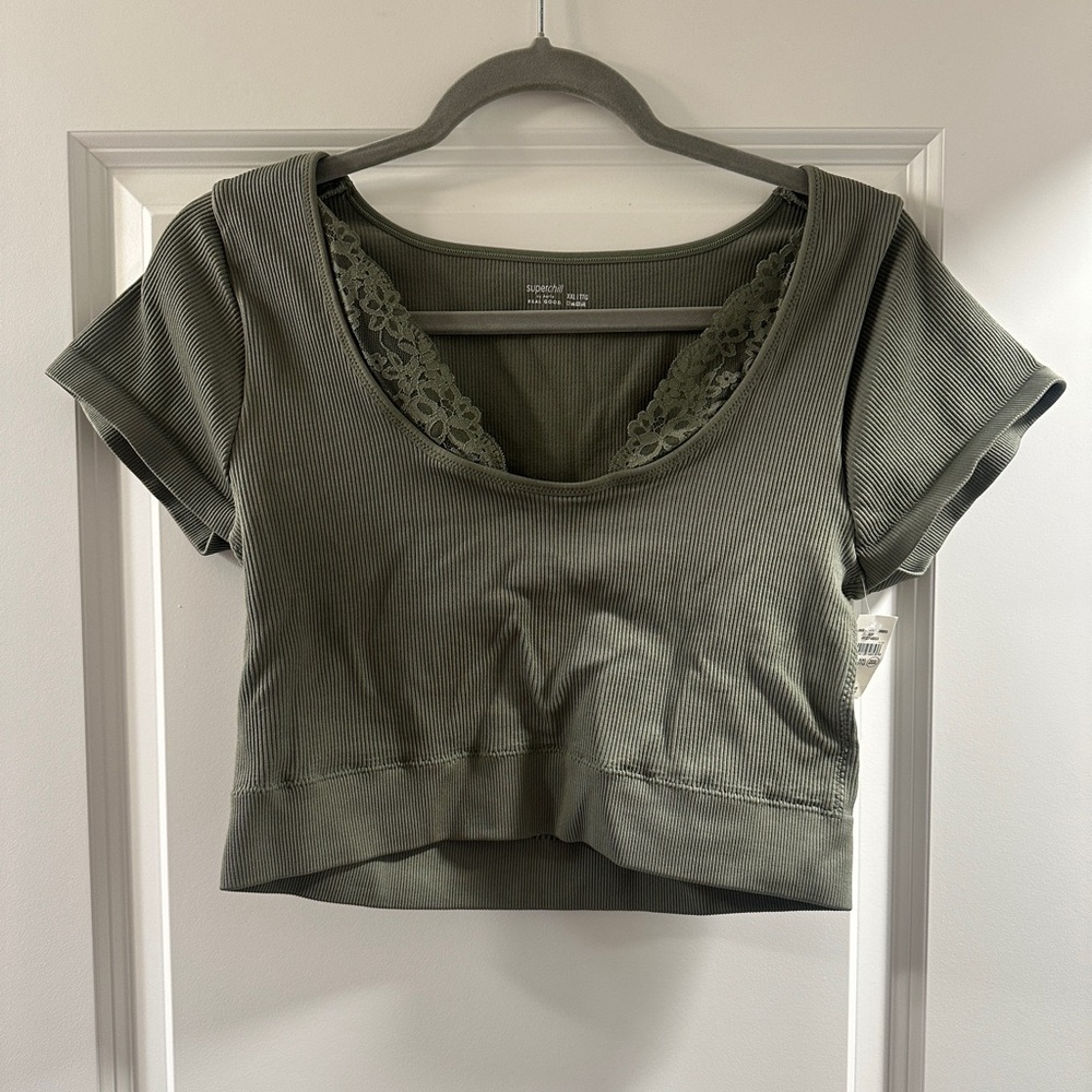 Aerie Superchill Ribbed Top in Olive Green| size XXL